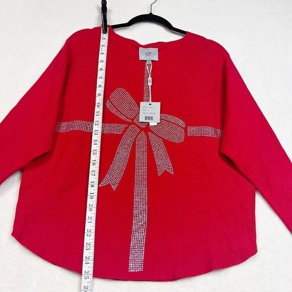 LIV Milano Deep Red Bow Rhinestone Embellished Sweater Dolman Sleeve Size L NWT - Picture 9 of 9